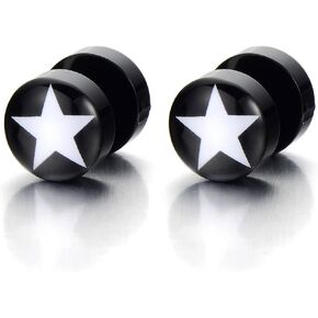 2pcs 10MM Black Circle Screw Stud Earrings with Blue Star, Women Men Cheater Fake Ear Plugs Gauges