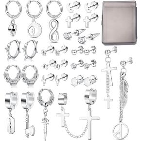 Subiceto 31Pcs Stainless Steel Earrings for Men Black Cross Dangle Earrings Hinged Hoop Long Chain Stud Earrings Set Fashion Piercing Jewelry in Kuwait