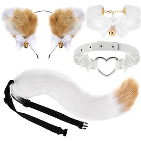 PHOGARY Cat Ears and Tail Set Wolf Fox Ears Animal Tail Cosplay Costume Kit with Cat Ears Headband, Cat Fox Wolf Furry Tail, Bell Choker Necklace for Halloween Costume Party Cat Dress Up Accessories