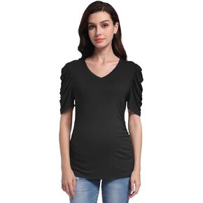 V VOCNI Maternity Summer Shirts Puff Short Sleeve V Neck Pregnancy Tops Casual Tshirts for Pregnant Women