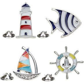 4Pcs Creative Metal Cartoon Brooch Set Sailboat Lighthouse Rudder Tropical Fish Shape Lapel Pin Jacket Denim Collar Backpack Pin