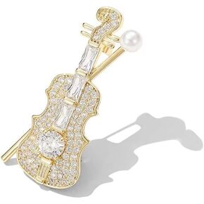 Dainty Crystal Violin Brooch Pin for Women Teen Girls Cubic Zirconia Bow Cellow Fiddle Musician Lapel Hat Brooches Pins Cute Jewelry
