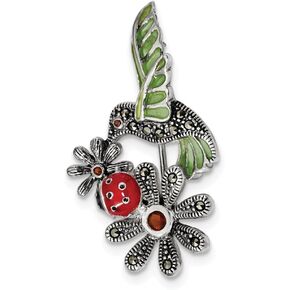 Sterling Silver Antiqued Epoxy/Marcasite/Red Glass Ladybug Flower Pin