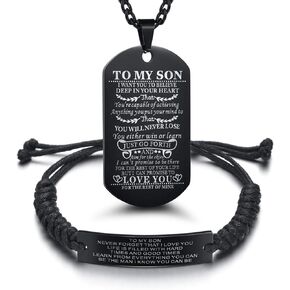 To My Son Dog Tag for Men Black Military Necklace Pendant Love Personalized Birthday Graduation Braided Rope Engraved gift from Mom and Dad Stainless Steel Valentines day father son gifts
