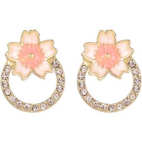 Gold Cherry Flower Stud Earrings for Women Daisy Earrings,Pink Flower Zirconia Round Hoop Earrings,Open Circle Flower Stud Earrings for Teen Girls