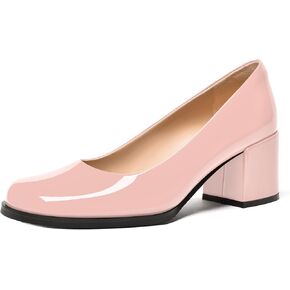 Womens Patent Leather Slip On Dating Square Toe Cute Block Mid Heel Pumps Shoes 2.5 Inch