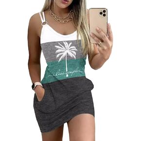 Live Simple Coconut Tree Color Block Pocket Mini Dress Women Summer Beach Sleeveless Tanks Vacation Short Dress