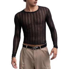 WDIRARA Men's Striped Mesh Long Sleeve Round Neck Bodycon Tee