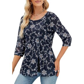 HOCOSIT Women's 3/4 Sleeve Blouses Casual Crewneck Dressy Tunic Tops Split Hem Mesh Layered Shirt
