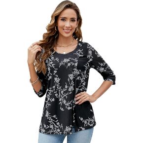 بلوزات نسائية بأكمام 3/4 من HOCOSIT كاجوال بياقة دائرية وقميص تونيك أنيق بحاشية مقسمة وطبقات شبكية in Kuwait