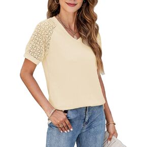 Ferriweel Women's Lace Short Sleeve V Neck T-Shirts Summer Casual Blouse Tunics Tops