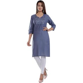 Indian Women's Plain Embroiderd Cotton Straight Kurti Top