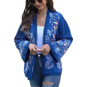 Women's Bohemian Embroidered Cardigan Mexican Traditional Floral Casual Tops Loose Long Sleeve Lightweight Open Front Blouse
