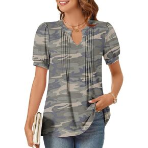 syoss Women's 2024 V-Neck Puff Short Sleeve Pleated Tops Summer Fashion Tunics Casual Blouse T Shirts