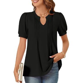 syoss Women's 2024 V-Neck Puff Short Sleeve Pleated Tops Summer Fashion Tunics Casual Blouse T Shirts in Kuwait