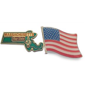 Massachusetts The Bay State & United States American Flag Lapel Pin or Hat Pin & Tie Tack Set with Clutch Back by Novel Merk