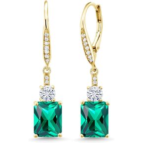Gem Stone King 18K Yellow Gold Plated Silver Emerald Cut 9X7MM Gemstone Birthstone and White Topaz Dangle Earrings For Women