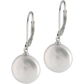 Handpicked 14mm Coin Shape Freshwater Cultured Pearls in 925 Sterling Silver Lever-back Dangle Earrings for Women