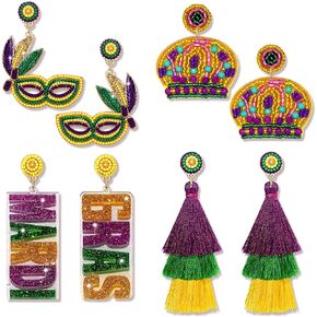 4Pairs Mardi Gras Earrings, Beaded Crown Mask Fleur De Lis Earrings for Women Layered Tassel Dangle Earrings, Mardi Gras Accessory, Fat Tuesday Carnival Earrings Parades Jewelry Gifts