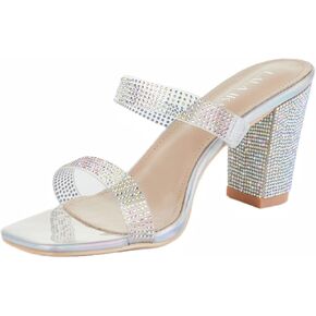 LALA IKAI Women's Chunky Block Heel Mules Square Toe Rhinestone Sandals Transparent Strappy Heels Wedding Dress Shoes in Kuwait