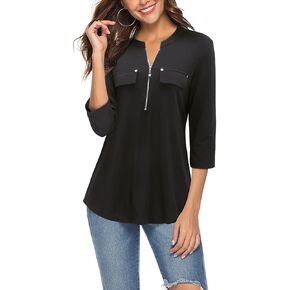 Bulotus Women's 3/4 Sleeve Zip Front V Neck Shirts Tunic Tops for Women Work Casual