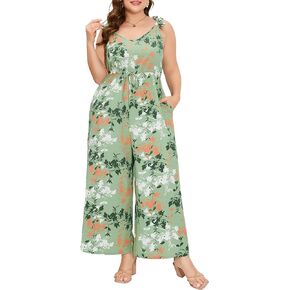 LYTHMER Women's Plus Size Jumpsuits Floral Print Tie Strap V-Neck Loose Wide Leg Long Rompers with Pockets