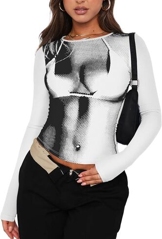 المرأة سليم صالح ثلاثية الأبعاد الجسم طباعة كم طويل مثير المحاصيل القمم بلون الأساسية Crewneck ضيق قميص الخروج الشارع الشهير in Saudi Arabia