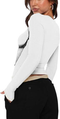 المرأة سليم صالح ثلاثية الأبعاد الجسم طباعة كم طويل مثير المحاصيل القمم بلون الأساسية Crewneck ضيق قميص الخروج الشارع الشهير in Saudi Arabia