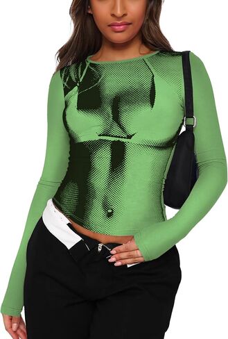 المرأة سليم صالح ثلاثية الأبعاد الجسم طباعة كم طويل مثير المحاصيل القمم بلون الأساسية Crewneck ضيق قميص الخروج الشارع الشهير in Saudi Arabia