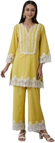 مجموعة كورتا بالازو للنساء بأكمام قصيرة ورقبة على شكل حرف V ملابس عرقية هندية مطبوعة كورتي عرقية هندية للفتيات باللون الأصفر in Kuwait