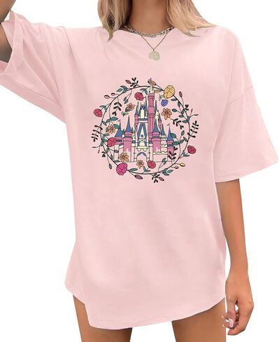 Oversized Magic Kingdom Shirt for Women Castle Graphic T-Shirt Summer Holiday Family Short Sleeve Tops in Saudi Arabia