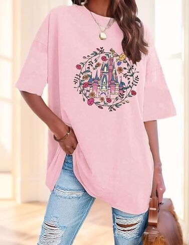 Oversized Magic Kingdom Shirt for Women Castle Graphic T-Shirt Summer Holiday Family Short Sleeve Tops in Saudi Arabia