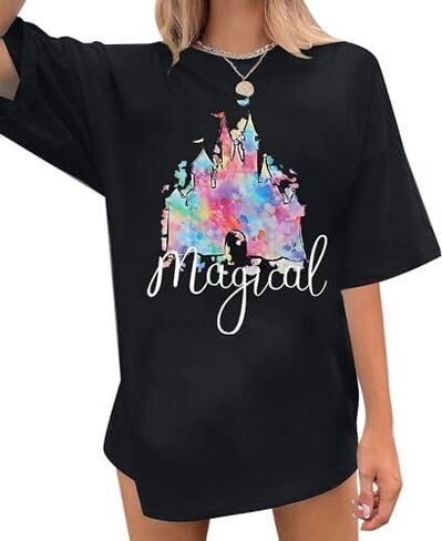 Oversized Magic Kingdom Shirt for Women Castle Graphic T-Shirt Summer Holiday Family Short Sleeve Tops in Saudi Arabia