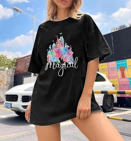 Oversized Magic Kingdom Shirt for Women Castle Graphic T-Shirt Summer Holiday Family Short Sleeve Tops in Saudi Arabia