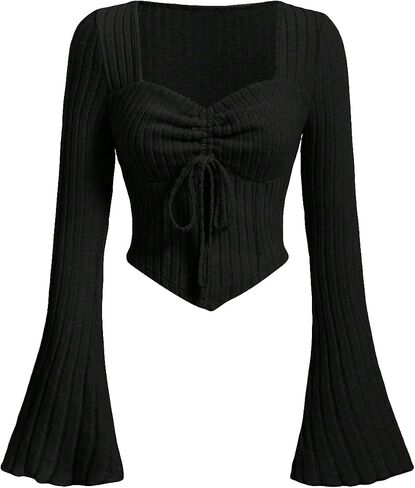 GORGLITTER Women's Ruched Drawstring Front Flare Sleeve Tee Top Asymmetrical Hem Sweetheart Neck Ribbed T-Shirt in Saudi Arabia