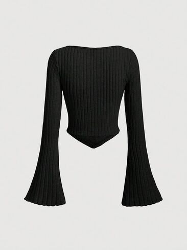 GORGLITTER Women's Ruched Drawstring Front Flare Sleeve Tee Top Asymmetrical Hem Sweetheart Neck Ribbed T-Shirt in Saudi Arabia