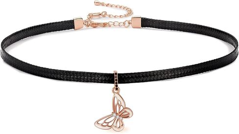 قلادة على شكل فراشة رائعة من Vonika مصنوعة من الجلد الأسود للنساء مجوهرات، سلسلة تمديد قابلة للتعديل in Kuwait