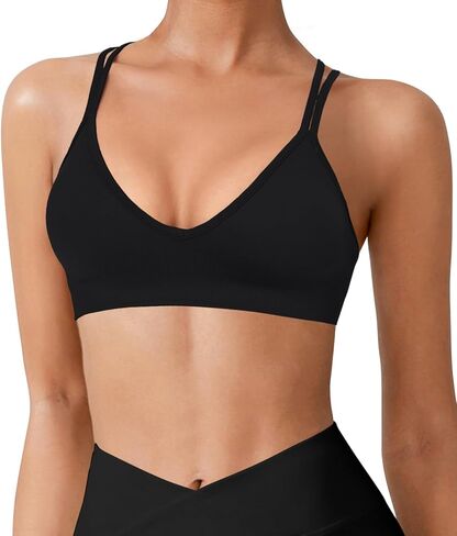 VEQKING Strappy Women Sports Bra V-Neck Criss Cross Back Padded Yoga Bra Seamless Workout Bras Spaghetti Strap Bralettes in Kuwait