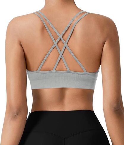 VEQKING Strappy Women Sports Bra V-Neck Criss Cross Back Padded Yoga Bra Seamless Workout Bras Spaghetti Strap Bralettes in Kuwait