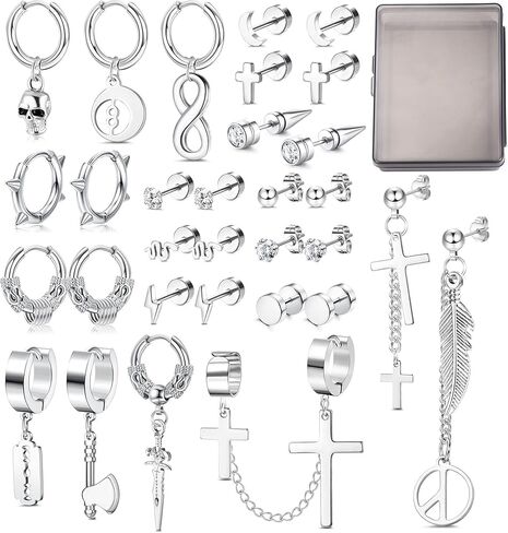 Subiceto 31 قطعة أقراط من الفولاذ المقاوم للصدأ للرجال أقراط متدلية على شكل صليب أسود مجموعة أقراط طويلة على شكل سلسلة مجوهرات ثقب الموضة in Kuwait