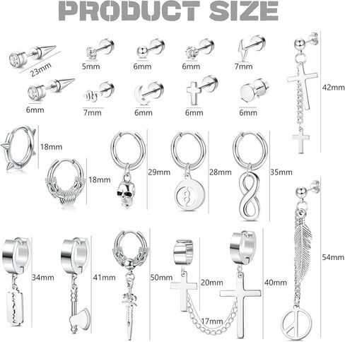 Subiceto 31 قطعة أقراط من الفولاذ المقاوم للصدأ للرجال أقراط متدلية على شكل صليب أسود مجموعة أقراط طويلة على شكل سلسلة مجوهرات ثقب الموضة in Kuwait