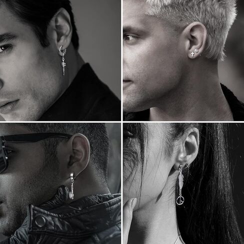 Subiceto 31 قطعة أقراط من الفولاذ المقاوم للصدأ للرجال أقراط متدلية على شكل صليب أسود مجموعة أقراط طويلة على شكل سلسلة مجوهرات ثقب الموضة in Kuwait