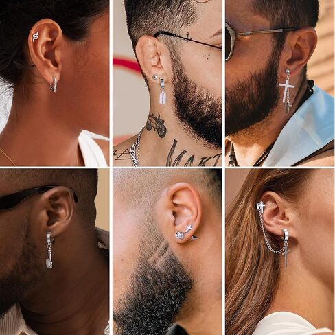 Subiceto 31 قطعة أقراط من الفولاذ المقاوم للصدأ للرجال أقراط متدلية على شكل صليب أسود مجموعة أقراط طويلة على شكل سلسلة مجوهرات ثقب الموضة in Kuwait