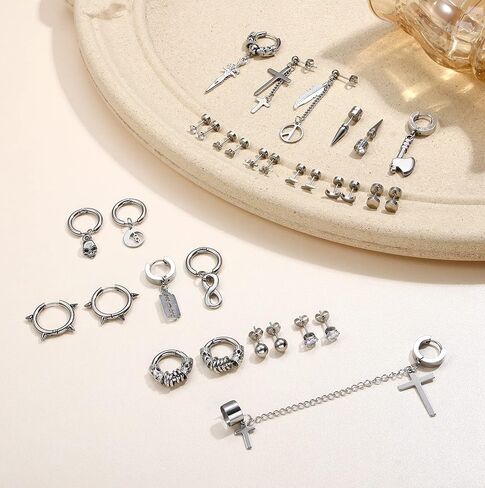 Subiceto 31 قطعة أقراط من الفولاذ المقاوم للصدأ للرجال أقراط متدلية على شكل صليب أسود مجموعة أقراط طويلة على شكل سلسلة مجوهرات ثقب الموضة in Kuwait