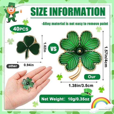 40 Pcs St. Patrick's Day Lapel Pins Irish Shamrock Pin Enamel Plated Clover Pins Green Gold Retro Four Leaf Brooch for Women Men Jewelry Party Favors in Saudi Arabia