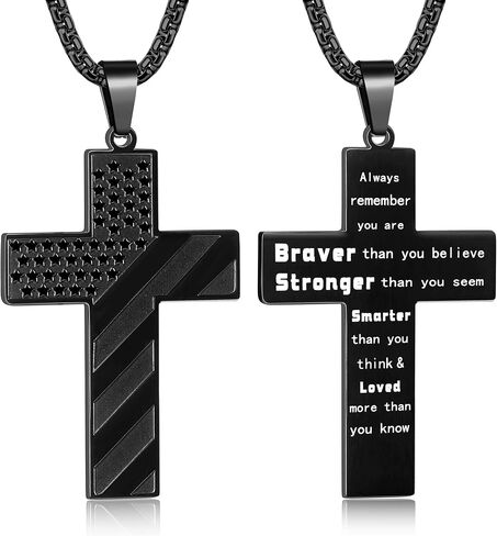 LOYALLOOK Black Cross Necklace for Women Bible Verse Cross Pendant Meaningful Religious Chain Stainless Steel American Flag Cross Pendant Chain in Saudi Arabia