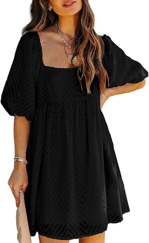 Rooscier Women's Jacquard Square Neck Puff Short Sleeve Ruffle A Line Swing Mini Dress in Saudi Arabia