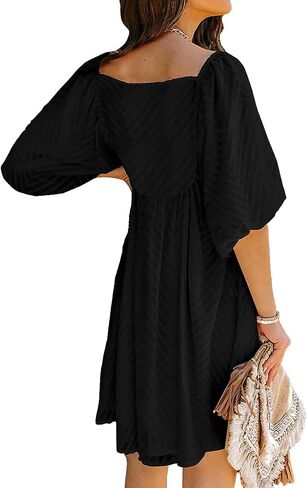 Rooscier Women's Jacquard Square Neck Puff Short Sleeve Ruffle A Line Swing Mini Dress in Saudi Arabia