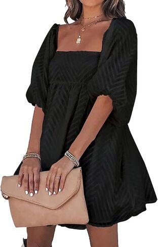 Rooscier Women's Jacquard Square Neck Puff Short Sleeve Ruffle A Line Swing Mini Dress in Saudi Arabia