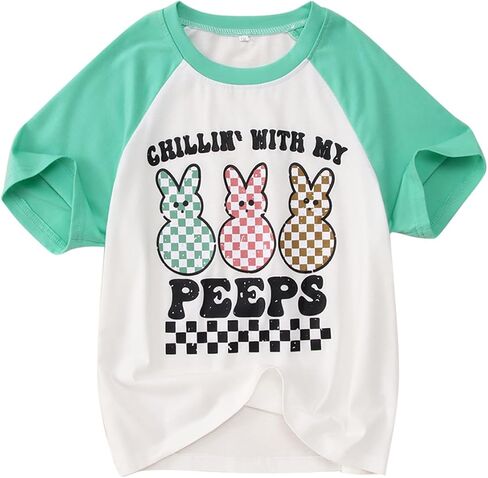 MODNTOGA Boys Girls Easter Outfit Bunny Graphic T-Shirt Chillin' with My Peeps Letter Print Short Sleeve Tee Tops in Saudi Arabia